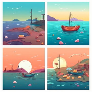 collage illustrating various sea scenes. Boats and ships in locations and situations: overcoming waves, adventure and travel, sea life or adventure Concept: recreation, marine ecology or fishing.