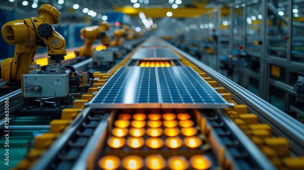Poster the modern bright factory is equipped with large production lines, white industrial robot arms, and 