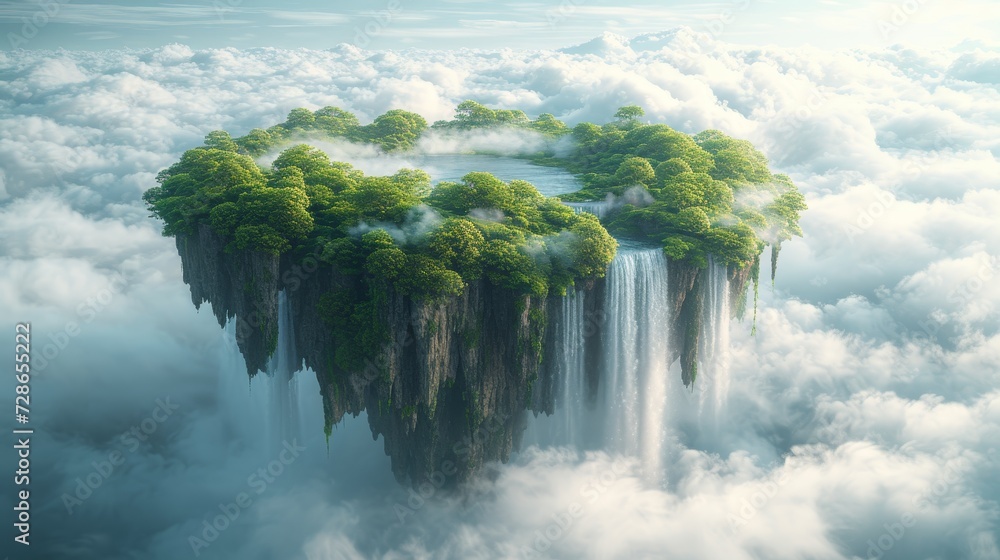 Poster floating forest island with mountains and waterfalls. fantasy island with greenery and river with wa