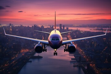 Airplane in flight over cityscape during vibrant sunset - obrazy, fototapety, plakaty