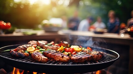Naklejka premium Barbeque grill with delicious grilled meat and vegetables on blurred party people background