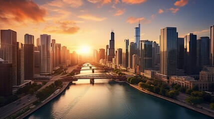 Aerial view of Chicago River and city skyline at sunset, Chicago, Illinois, USA 
