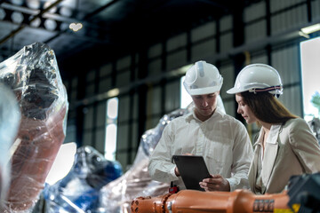 Business engineers meet and check control heavy machine robot arm. Diverse Team of Industrial Robotics Engineers Gathered Around machine. Professional Machinery Operator Use Industrial Digital Tablet.