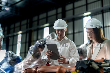 Factory engineers inspecting on machine with smart tablet. Worker works at machine robot arm. The welding machine with a remote system in an industrial factory. Artificial intelligence concept.