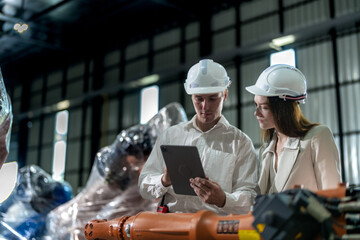 Factory engineers inspecting on machine with smart tablet. Worker works at machine robot arm. The...
