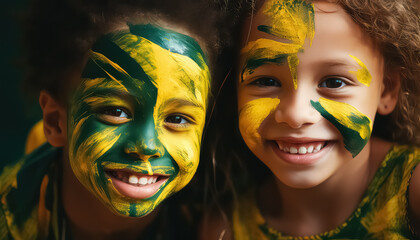 brazil kids with colorful paint and face painted, in the style of dark green and light gold.