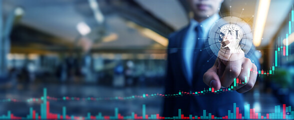 Businesses use "AI" tools to make decisions, trade stocks, profit, trend, market, success, turnover, financial, money, grow up, and business concepts using technology combined with business and financ