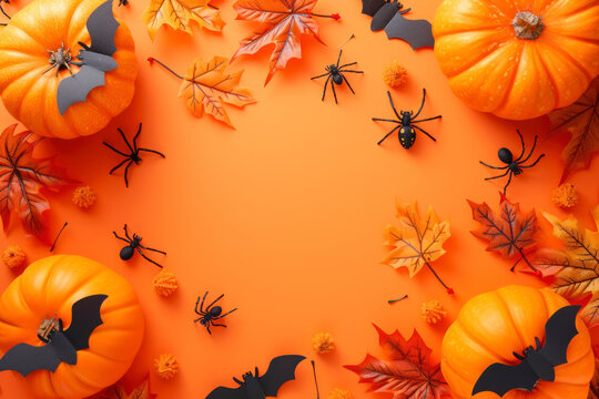 Halloween flat lay composition with pumpkins, spiders, bats, maple leaves on orange background.