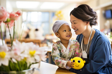 An Asian nurse offers comfort and support to a child battling cancer in in a modern oncology clinic, bright hospital ward. Child healthcare, baby wellness concept. Copy space. Horizontal
