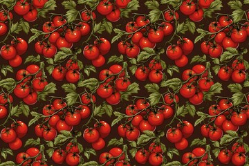 Seamless pattern of ripe red tomatoes on the vine with green leaves on a dark background - obrazy, fototapety, plakaty