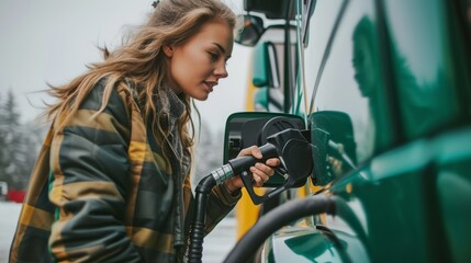 Empowered female trucker, a professional truck driver, takes charge while refueling the gas tank, showcasing strength, independence, and dedication in the transportation industry - obrazy, fototapety, plakaty