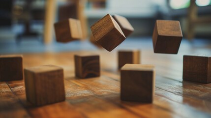 Close-up of wooden puzzle pieces, concept of complexity and problem-solving - obrazy, fototapety, plakaty