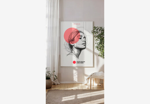 Minimalist Poster Frame Mockup Interior with White Room, Plant, Chair, and Rug