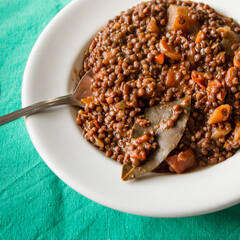 Close up of a delicious plate of stewed beluga lentils served on white plate
