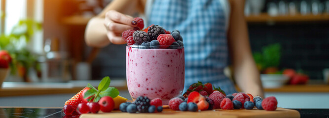 Woman making fruit yogurt smoothie