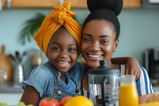 Happy African Family Having Fun In Modern Kitchen Preparing Orange Juice  With Fresh Vegetables