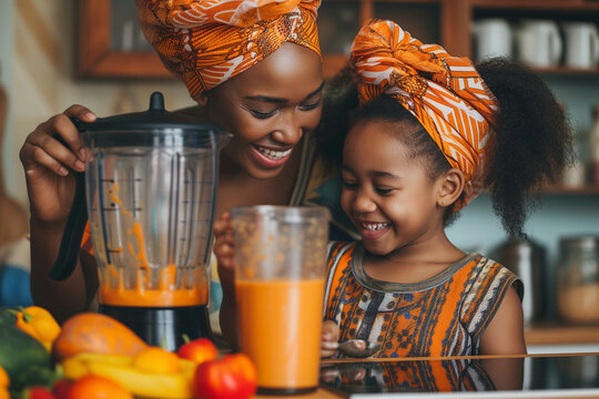 Happy African Family Having Fun In Modern Kitchen Preparing Orange Juice  With Fresh Vegetables