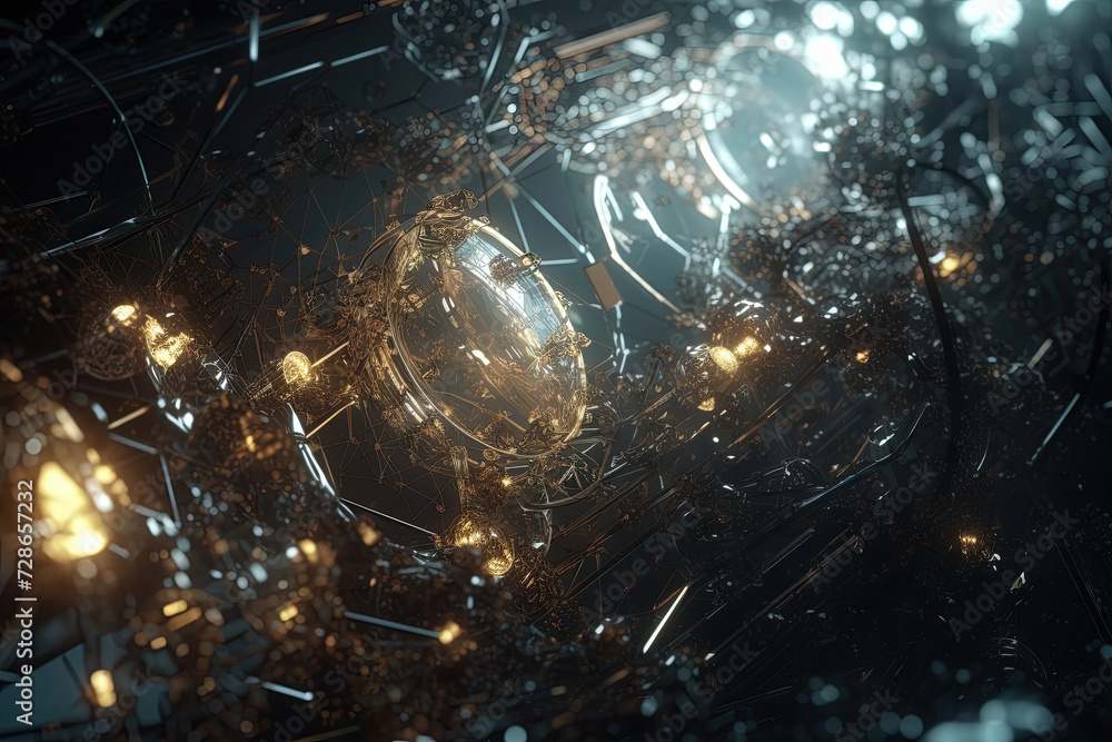 Poster abstract burst of wires and particles on technology background. scientific abstraction with mess of 