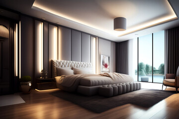 Interior of domestic room in residence is furnished modernly, place of men hire girls for male pleasures. Bedroom in cozy home background. Design interior concept. Copy text space