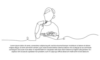 Young man eating vegetables one continuous line design. Single line decorative element drawn on white background.