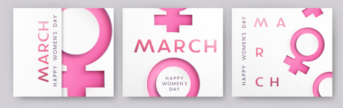 Women's Day greeting cards or banners set with woman 3d pink cutout paper female symbols. Vector 8 March international holiday templates for poster, cover, label, sales