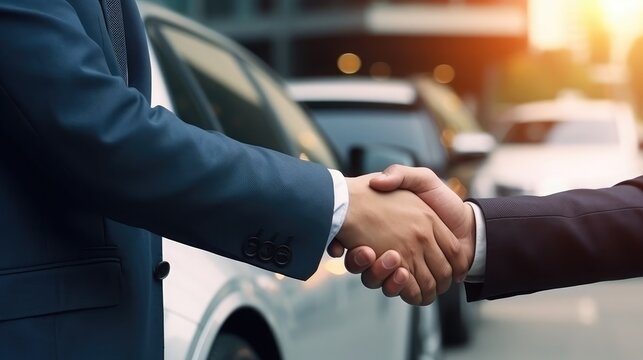 Close up shake right hand business man and show contact on left hand, show success contact sell car, 