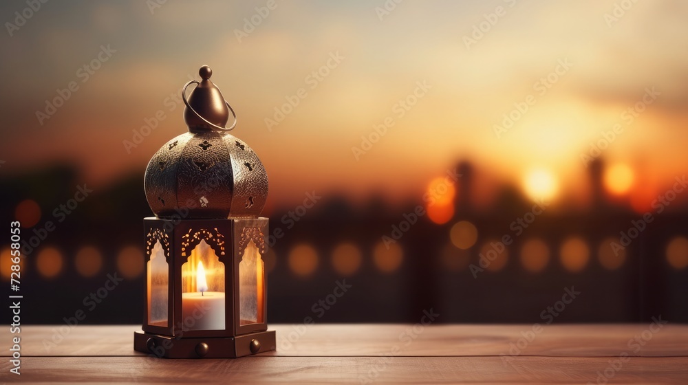 Wall mural decorative arabic lantern on wooden surface and silhouette of mosque at sunset on background, space 