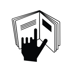 Refer to insert cosmetics symbol , a hand pointing at a book icon , vector illustration - obrazy, fototapety, plakaty