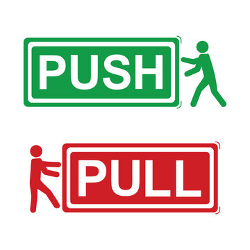 PUSH AND PULL SIGNS , vector illustration, green red icons , with man icon pushing or pulling
