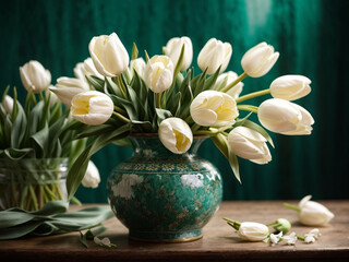 Timeless Elegance: Aged Falling Faded White Tulips on a Greenish Background

