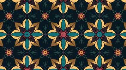 Geometric seamless pattern, in the style of dark aquamarine and dark amber, orientalist imagery, 