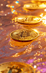 Golden Bitcoin Coins Floating in Water