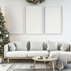 Christmas Elegance, Empty White Picture Frame Mockup in a Festive Living Room