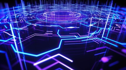 an abstract blue futuristic electronic circuit with circular pattern in motion