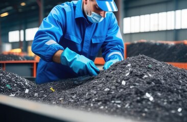 A worker in a blue uniform and hard hat inspects materials at an industrial facility. - obrazy, fototapety, plakaty