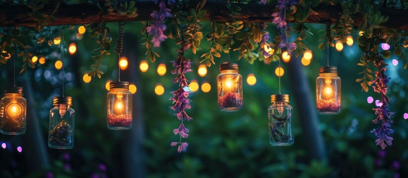 Fairy lights decorated dangling jars on vines above.