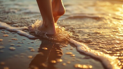 woman's feet on the beach. Capturing the feeling of fun and innocence. - obrazy, fototapety, plakaty