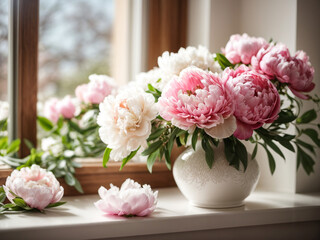 Serene Blooms: Bouquet of White and Pink Peonies on the Windowsill

