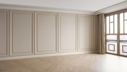 Contemporary beige white bright empty interior with wall panels and moldings