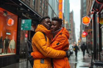 Loving African American Male Same-Sex Couple Embracing in City