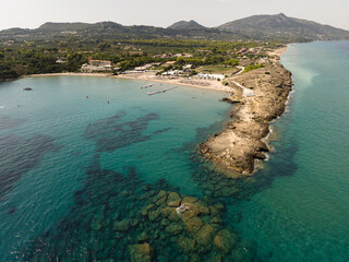  Aerial drone photo of Greece, Zakynthos, Agios Nikolaos church. Saint Nicholas Church in Ano Vasilikos in Zakynthos. St Nicholas Beach in summer.