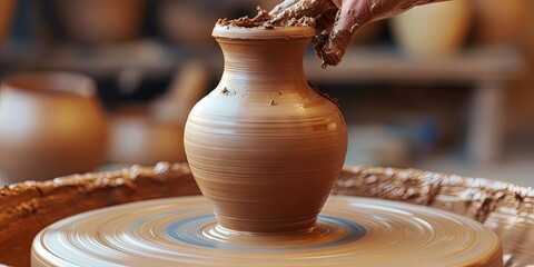 Potter making a clay ceramic vase on a pottery wheel