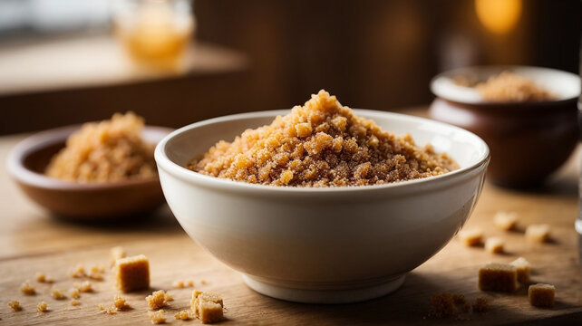 Sweet Simplicity: Bowl with Brown Sugar on Wooden Table - Purpose Editorial


