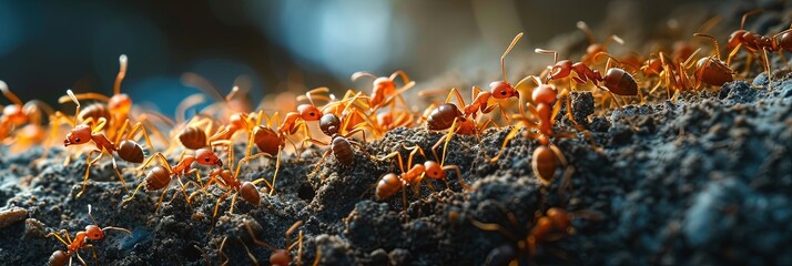 red army ants on dirt in their colony