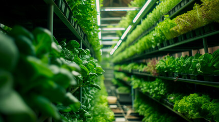 Vegetables are growing in vertical farm. Plants on vertical farms grow with led lights. Vertical farming is sustainable agriculture for future food and used for plant vaccine. Generative AI