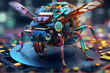 Fototapeta na wymiar A bug made of electronic components, eating computer components, with sparks and led lights