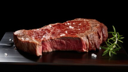Thin sliced rib eye steak, 3/4 view, black background