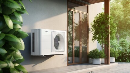 Air source heat pump installed in residential building. Sustainable and clean energy at home 
