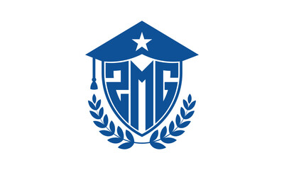 ZMG three letter iconic academic logo design vector template. monogram, abstract, school, college, university, graduation cap symbol logo, shield, model, institute, educational, coaching canter, tech