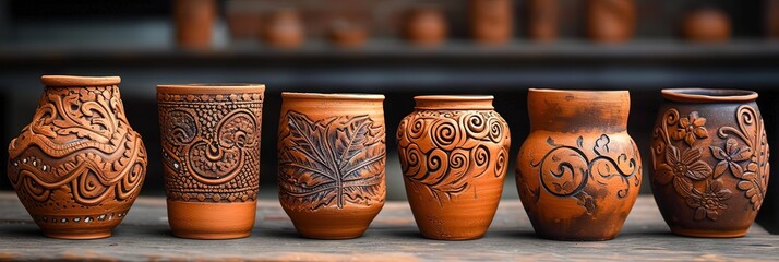 Clay pots with intricate designs made of natural adobe clay unglazed ceramics for plants and more